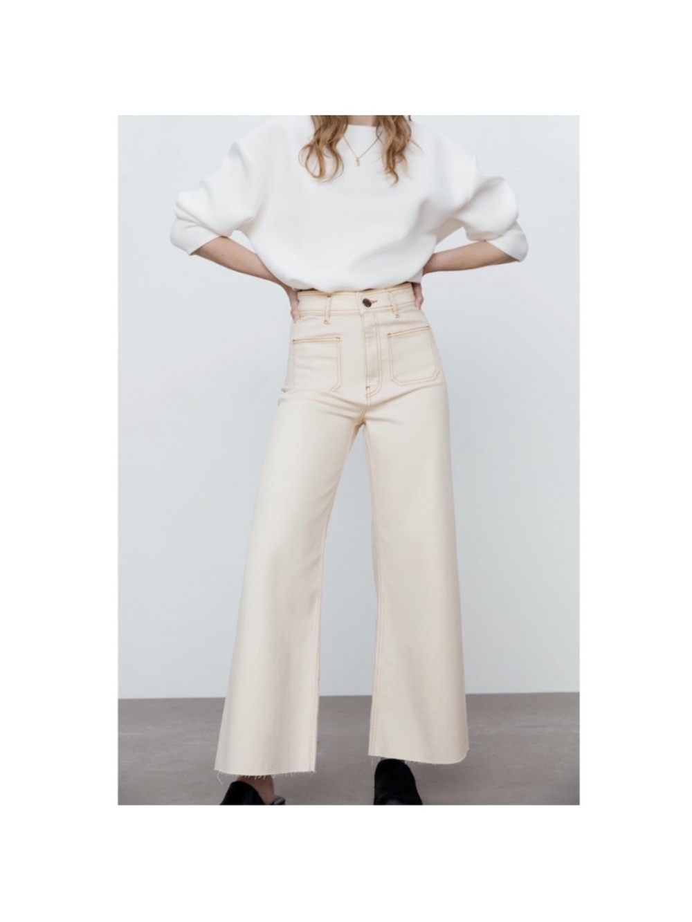 Zara Cream High-Rise Raw-Hem Women’s Jeans